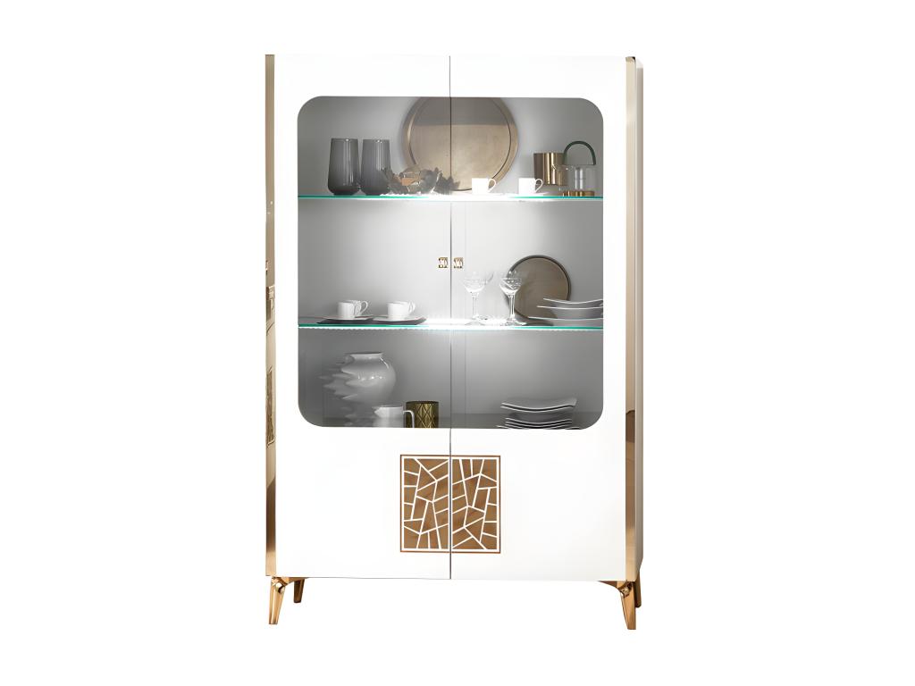 2-Door Hinged Display Cabinet with LED Lighting, Glossy White/Gold - Artvivrestore 85951YJJJ