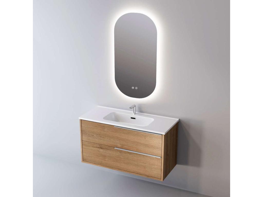 Bathroom vanity unit with washbasin, solid surface finish, 2 drawers, natural oak, satin stainless steel handle, 100cm wide x 54cm high x 45cm deep, 3D effect, LISTELLO 09445FFXI