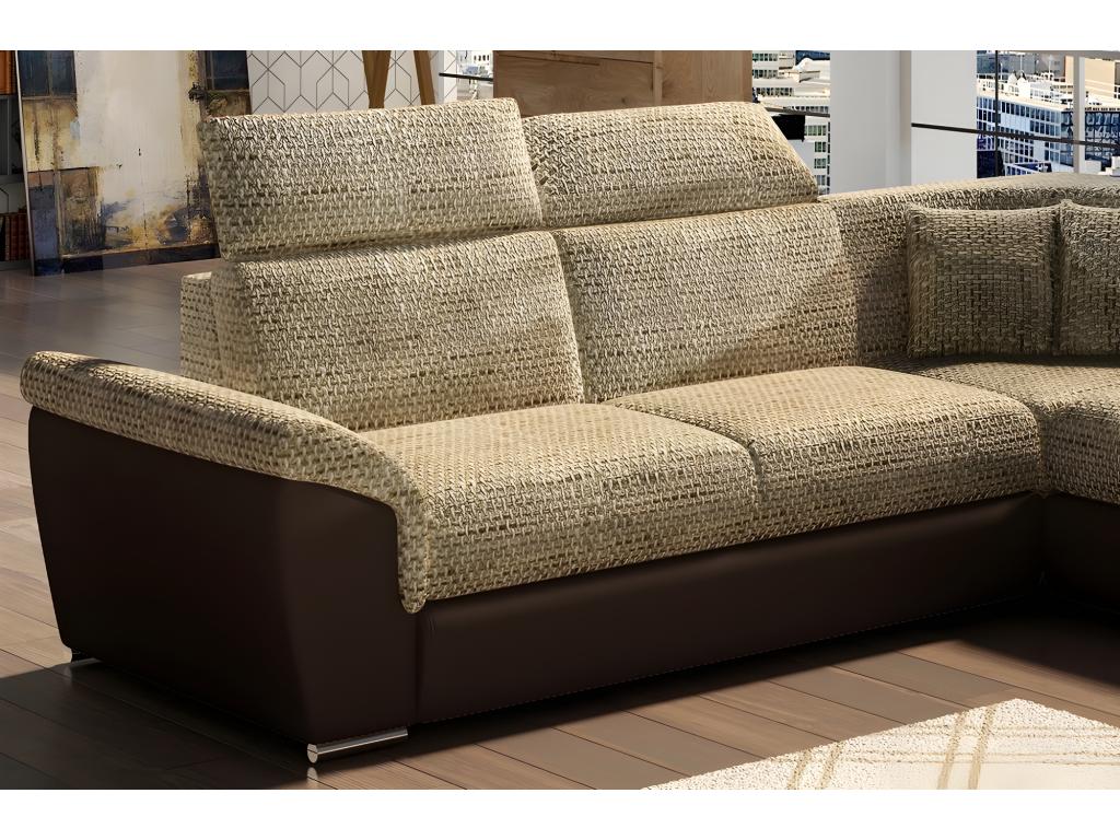 Corner sofa bed - Maisonpuretop - in beige fabric and chocolate faux leather, 5/6 seater, 86716YPZP