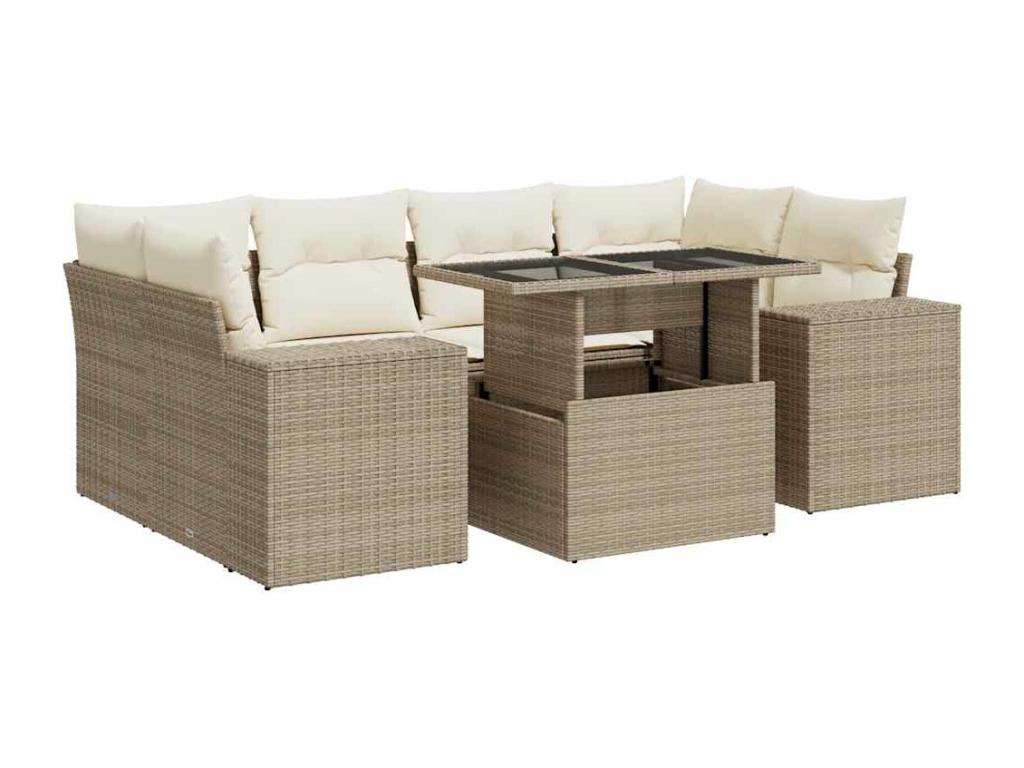 7-piece garden furniture set with cushions, beige woven resin, 33922YFDX