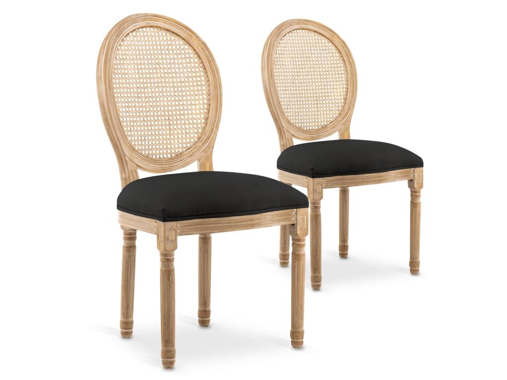 Set of 2 Maisonpuretop XVI medallion chairs with caning, rattan, and black fabric, 26697LNEO