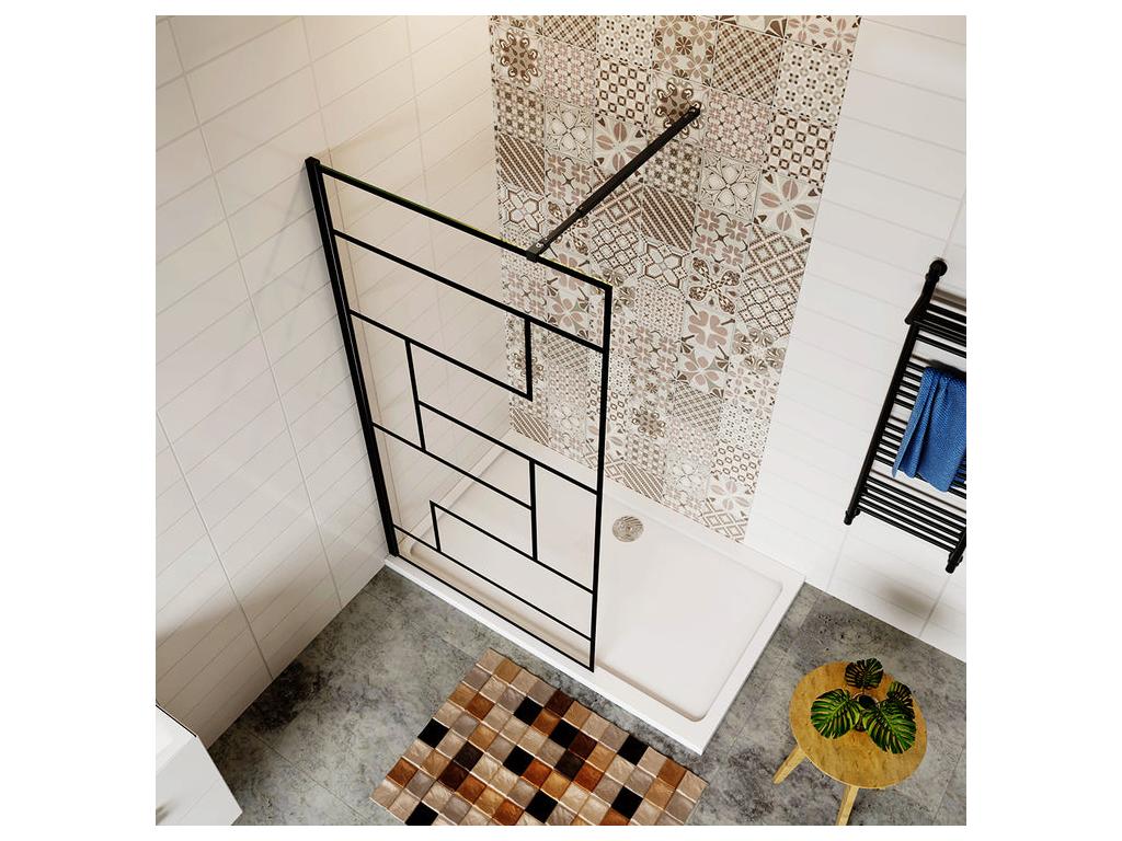 Walk-in shower screen 70x200cm with black square support bar 73-120cm extendable, 8mm anti-limescale glass, modern style 98529HDAQ