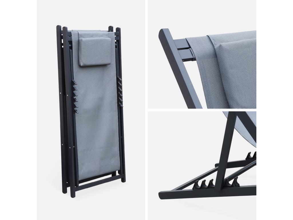 Set of 2 sun loungers - Artvivrestore grey - Anthracite grey aluminum sun lounger and Artvivrestore grey sun lounger with headrest cushion - deck chair 86206LASX