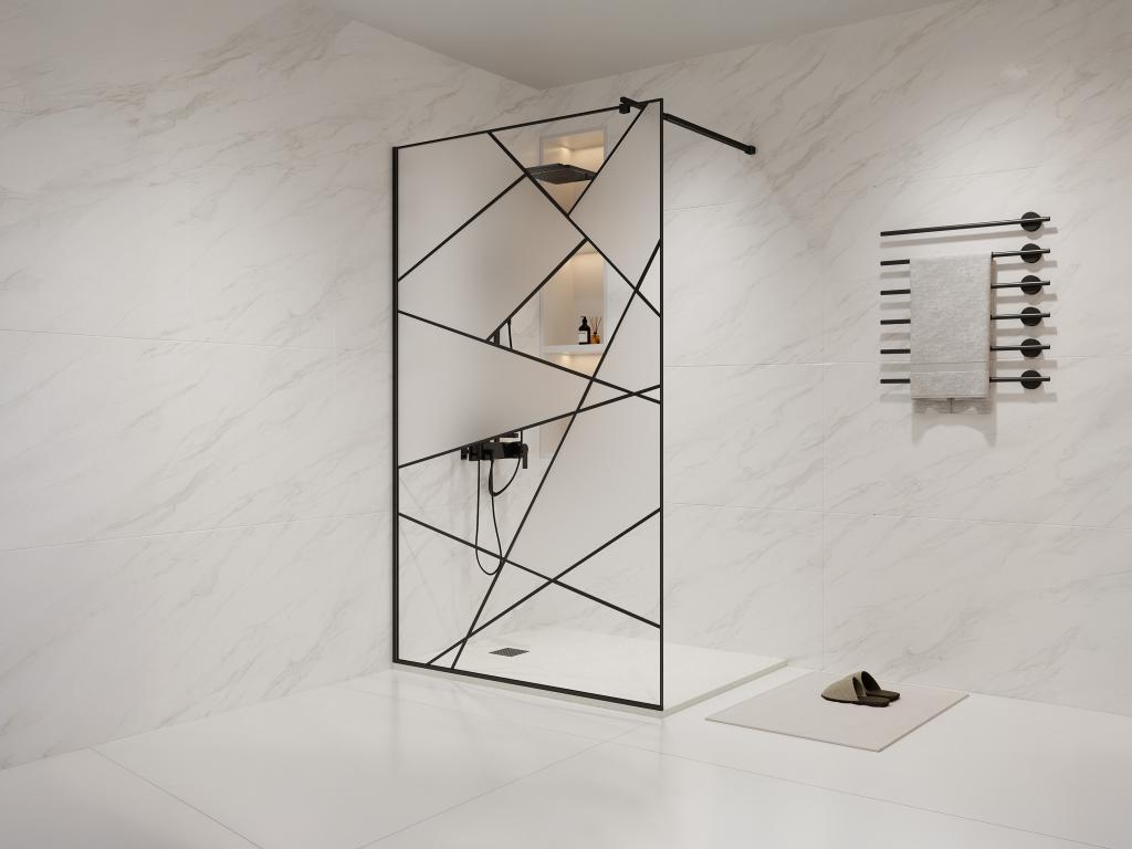 Walk-in shower screen with screen printing - Matte black - 120x200 cm - Calmetop 49531BOBV