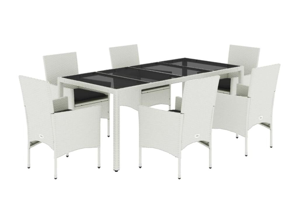 7-piece garden dining set with cushions, white rattan and glass, 94950PWEJ