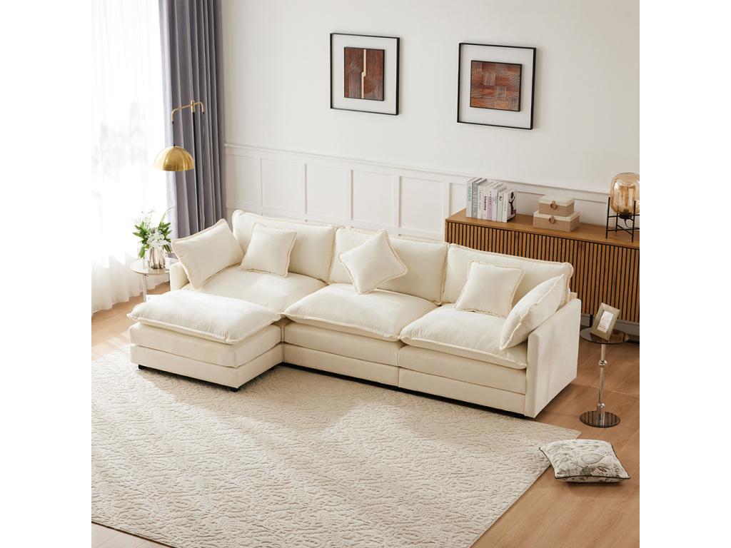 Modern design L-shaped corner sofa, chenille fabric, three-seater sofa with footrest, beige 56220TLHW