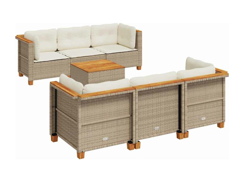 7-piece garden furniture set with cushions, beige woven resin, 96596PFCM
