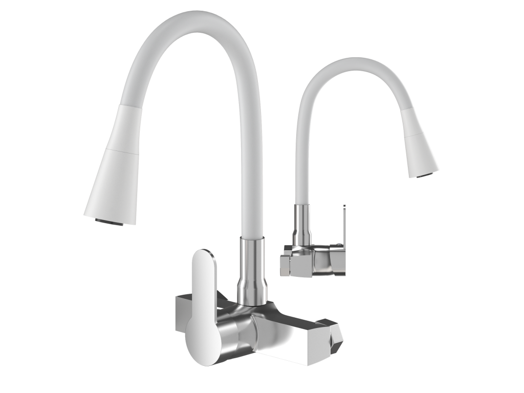 Wall-mounted flexible kitchen tap for sink, white, Maisonpuretop, flexible spout, 78371TAMY