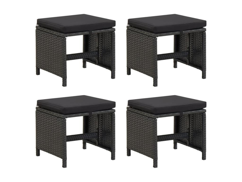 4-Piece Garden Stool Set with Cushions, Black Wicker Resin 74259PDJW