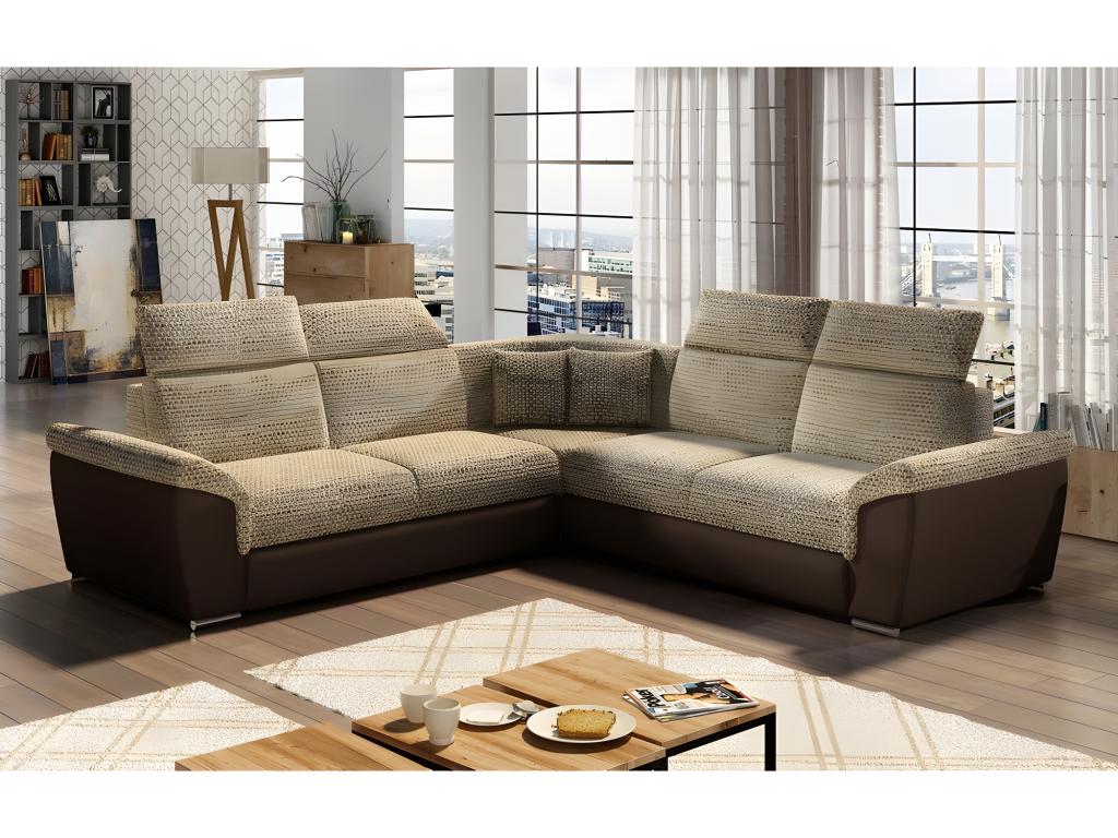 Corner sofa bed - Maisonpuretop - in beige fabric and chocolate faux leather, 5/6 seater, 86716YPZP