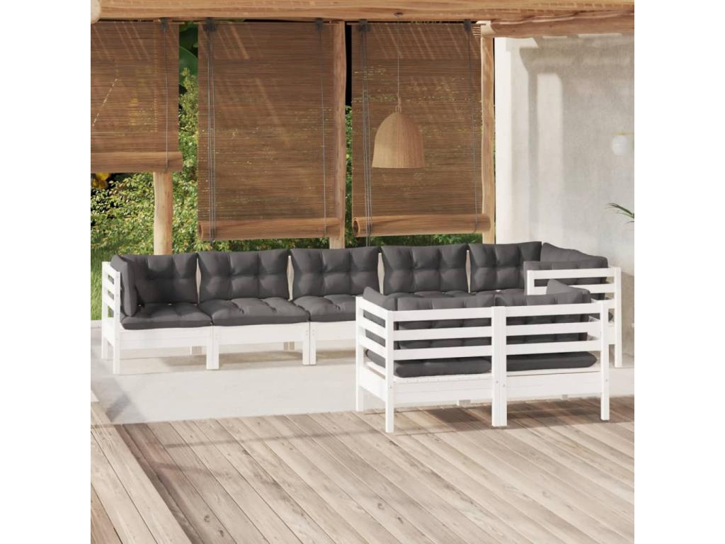 8-piece garden furniture set with cushions, white, solid pine wood 21407JPUN