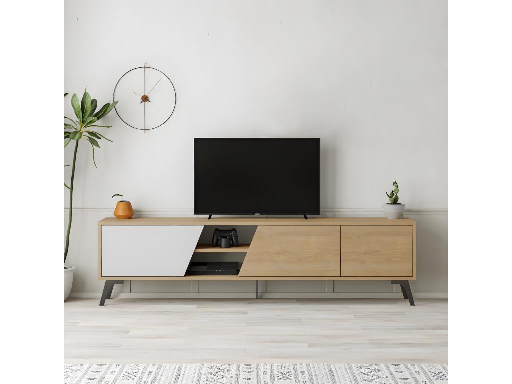 TV unit with 3 doors and 2 open shelves, oak and white finish, 180 cm wide - Maisonpuretop 92502DPXJ