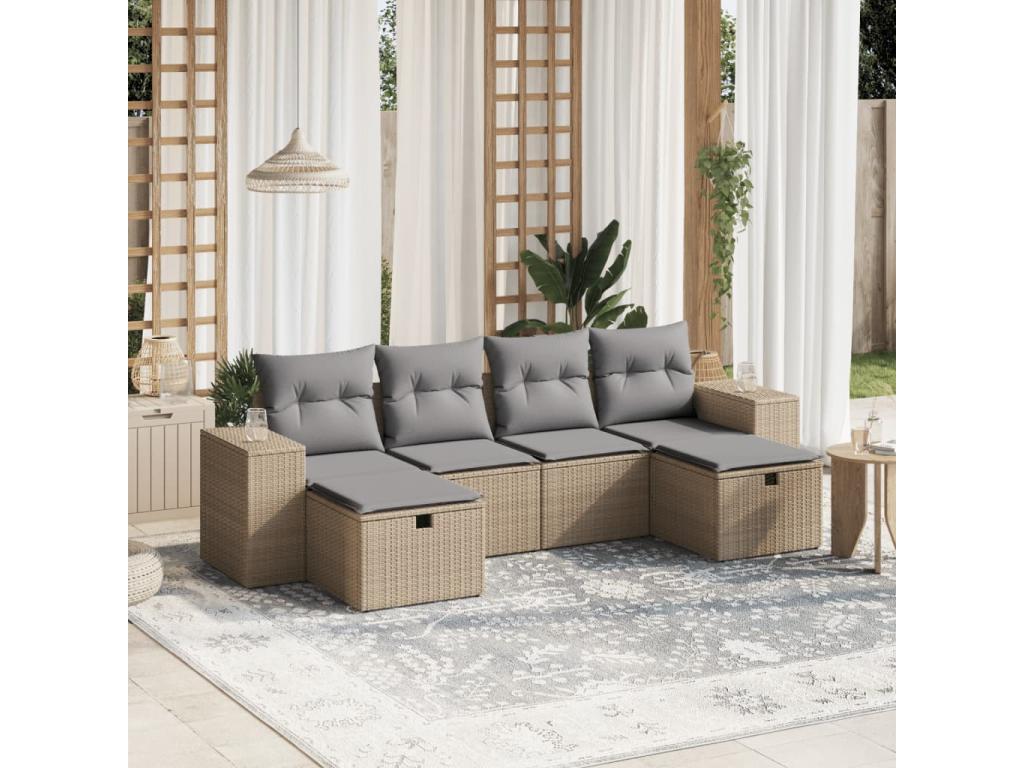 6-piece garden furniture set with cushions, méArtvivrestore beige woven resin 35101DEJX