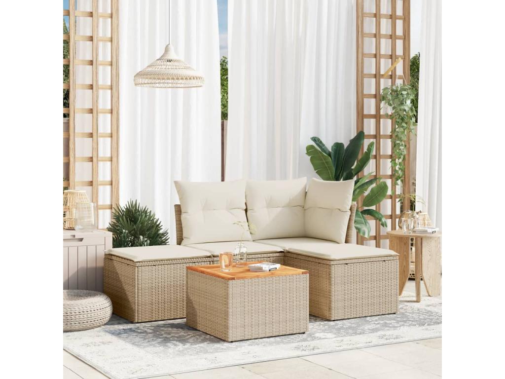 5-piece garden furniture set with cushions, beige woven resin, 95501EFHM