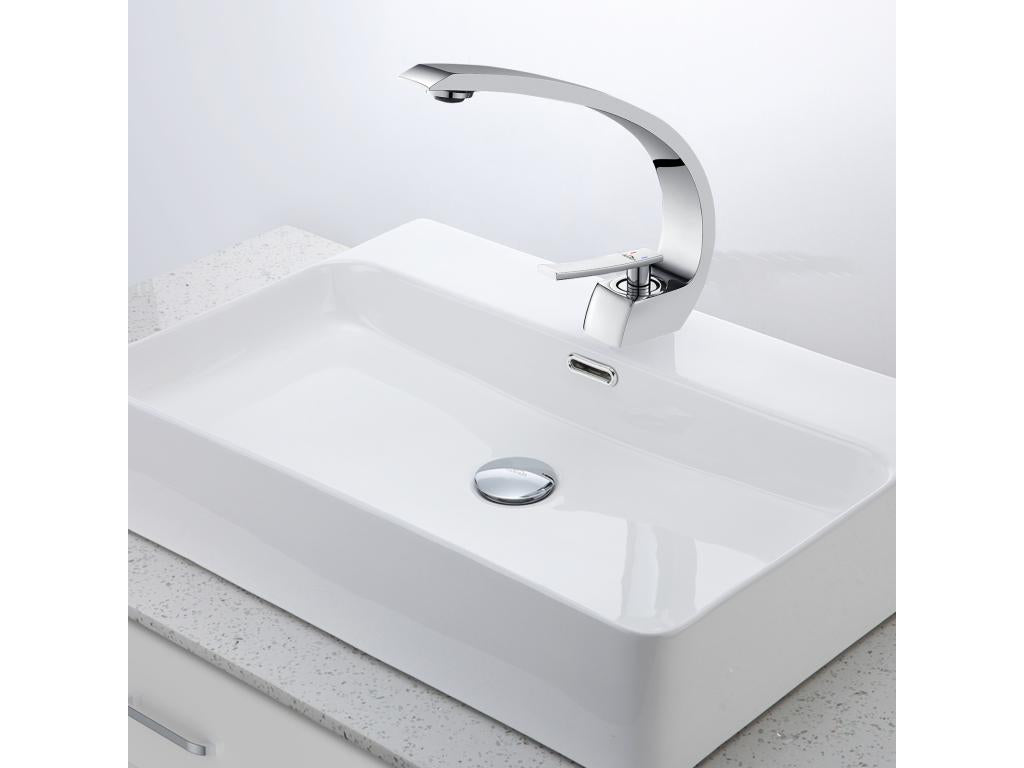 Arc Brass Single-Hole Basin Mixer Tap with Removable Aerator, Pop-up Waste with Automatic Overflow, Universal 64928VYUE