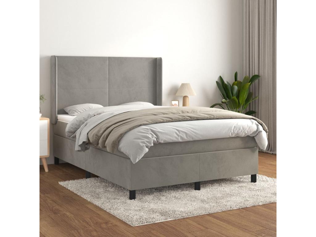 Upholstered bed base and mattress, light grey, 140x200cm, velvet, 43330WWMK