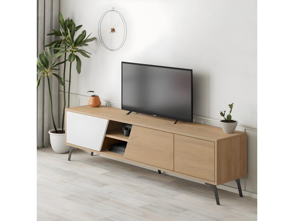 TV unit with 3 doors and 2 open shelves, oak and white finish, 180 cm wide - Maisonpuretop 92502DPXJ