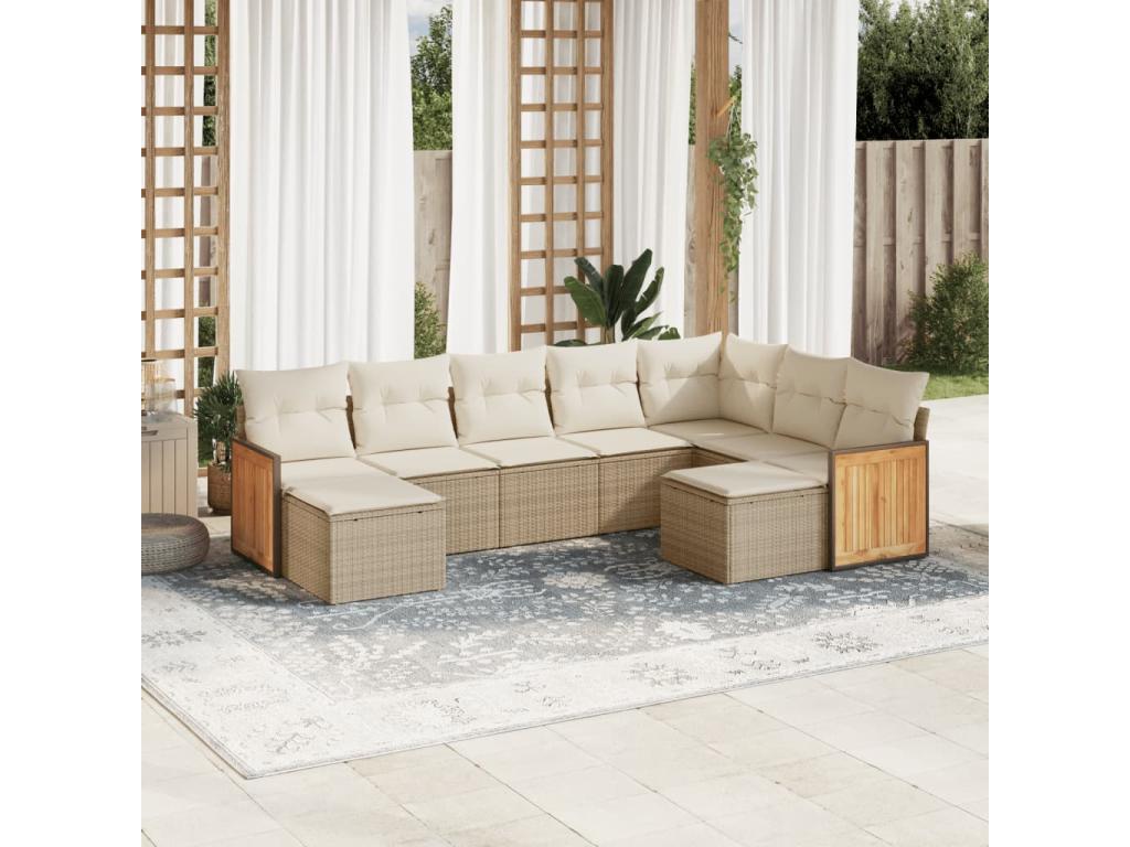 9-piece garden furniture set with cushions, beige wicker resin, 61381PJHW