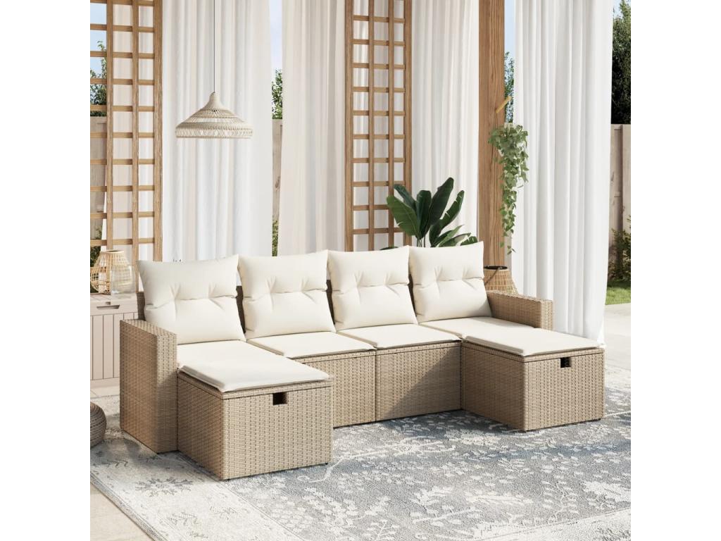 6-piece garden furniture set with cushions, beige wicker resin, 35629TJXL