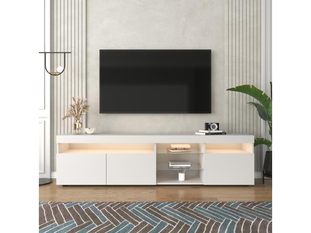 Contemporary TV stand with LED lighting, 3 doors and shelf, white MDF, 180x35x45cm, 28964WIQY