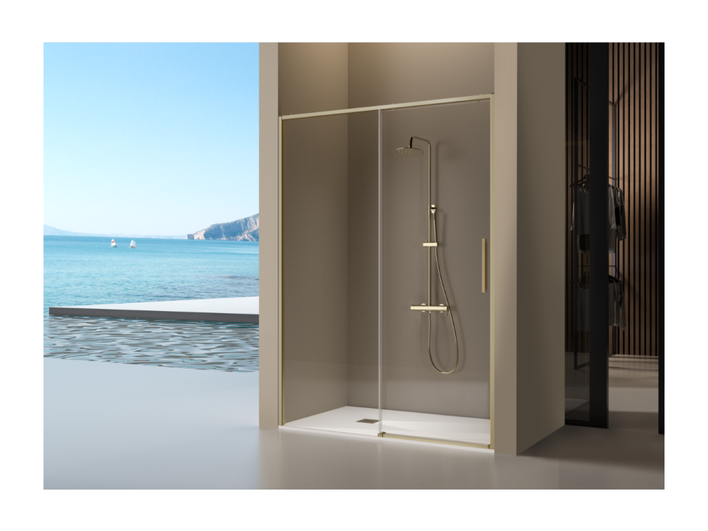 Fixed gold shower screen with sliding door, Calmetop brushed gold, 119-121.6 cm, 79650ABQA