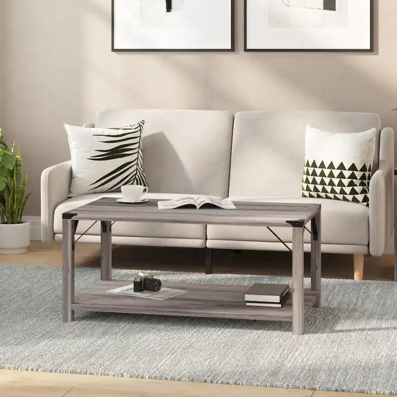 2-Tier Coffee Table with Metal Side Braces and Corner Caps
