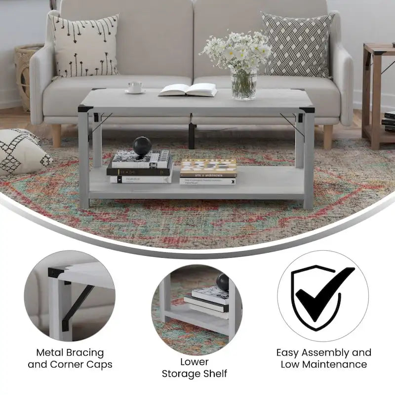 2-Tier Coffee Table with Metal Side Braces and Corner Caps