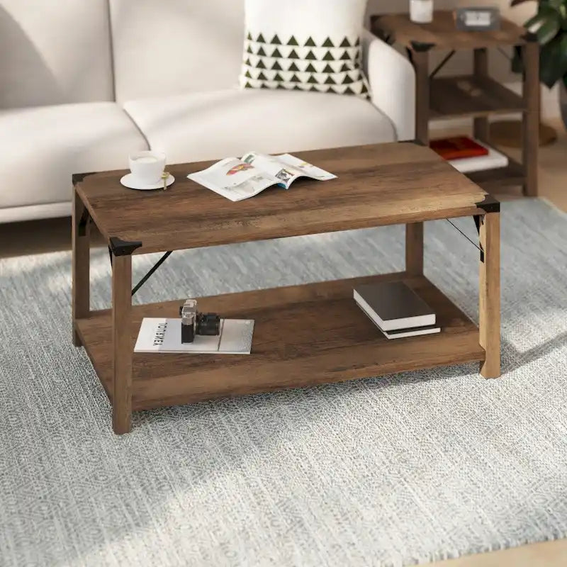 2-Tier Coffee Table with Metal Side Braces and Corner Caps