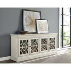 Rustic 72 Four Door TV Console, Entertainment Stand, Wood Accent Cabinet, Fully Assembled, White