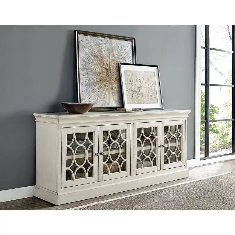 Rustic 72 Four Door TV Console, Entertainment Stand, Wood Accent Cabinet, Fully Assembled, White