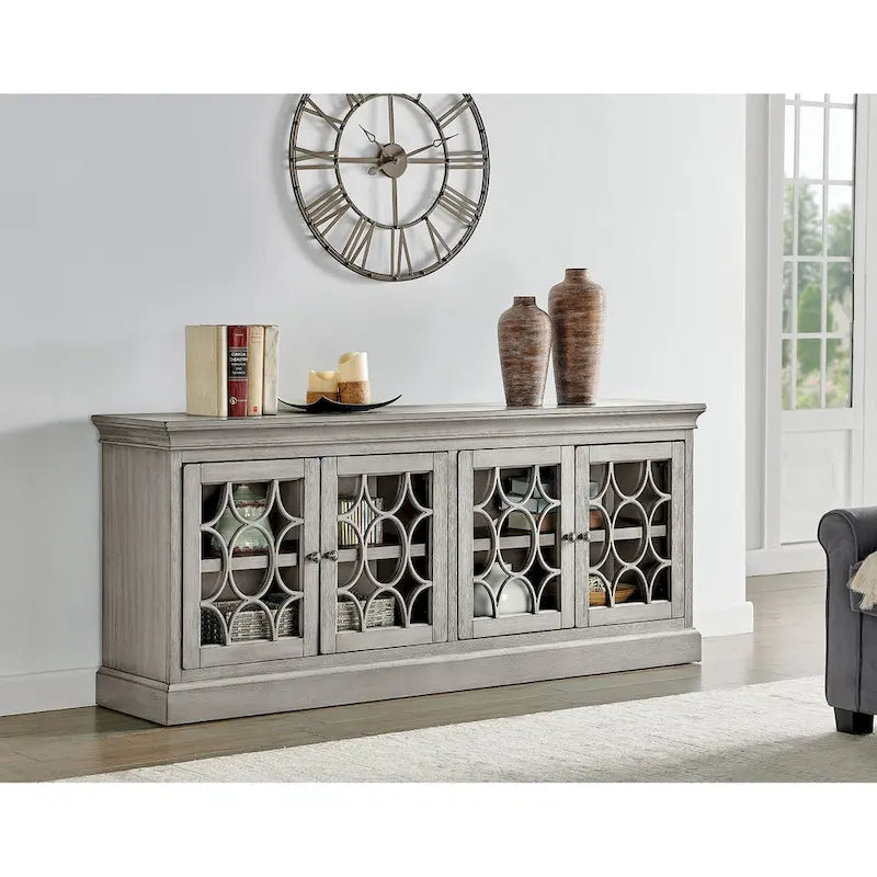 Rustic 72 Four Door TV Console, Entertainment Stand, Wood Accent Cabinet, Fully Assembled, White