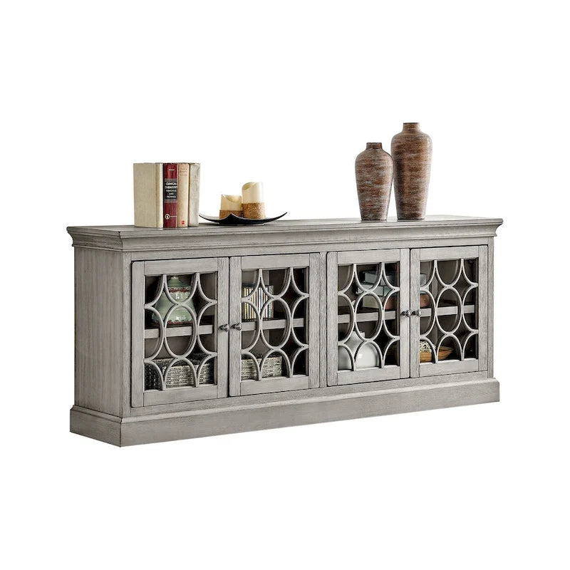 Rustic 72 Four Door TV Console, Entertainment Stand, Wood Accent Cabinet, Fully Assembled, White