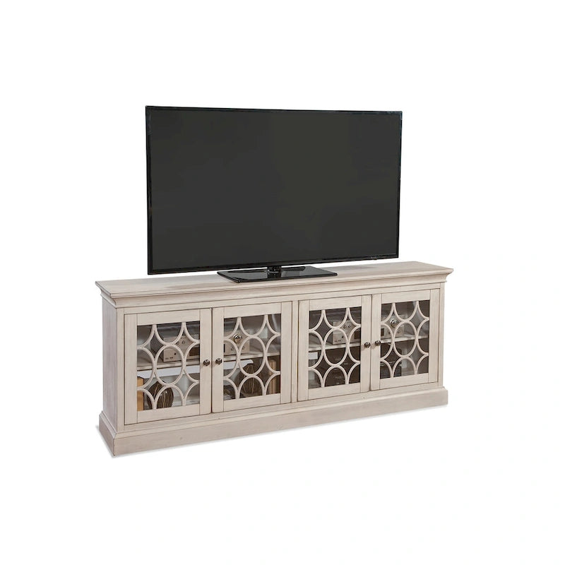 Rustic 72 Four Door TV Console, Entertainment Stand, Wood Accent Cabinet, Fully Assembled, White