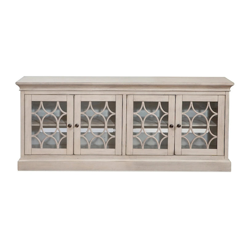 Rustic 72 Four Door TV Console, Entertainment Stand, Wood Accent Cabinet, Fully Assembled, White