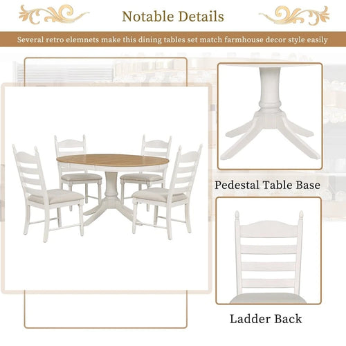 5-Piece Retro Functional Dining Table Set Wood Round Extendable Dining Table and 4 Upholstered Dining Chairs