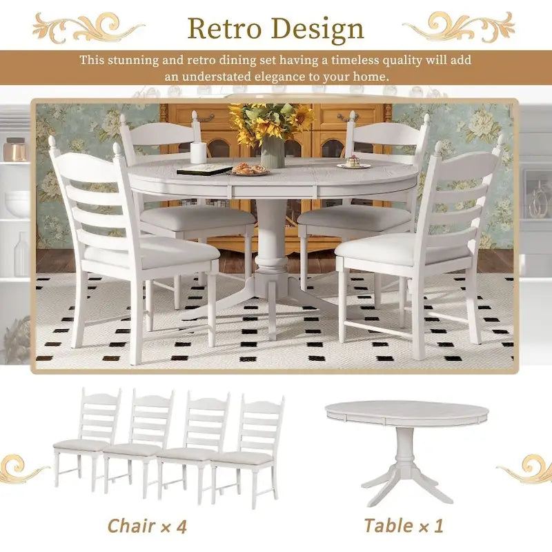 5-Piece Retro Functional Dining Table Set Wood Round Extendable Dining Table and 4 Upholstered Dining Chairs