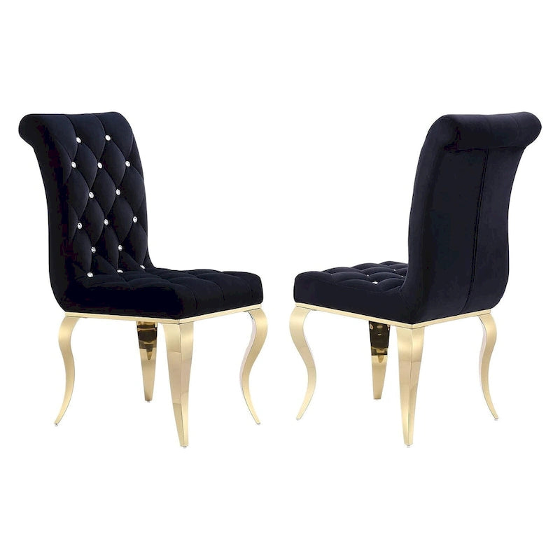 Velvet Upholstered Chairs with Crystal Decor Button Tufted back and Mirror metal Cabriole Legs