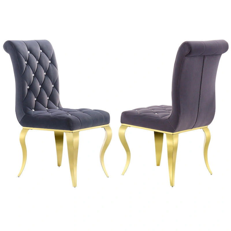 Velvet Upholstered Chairs with Crystal Decor Button Tufted back and Mirror metal Cabriole Legs