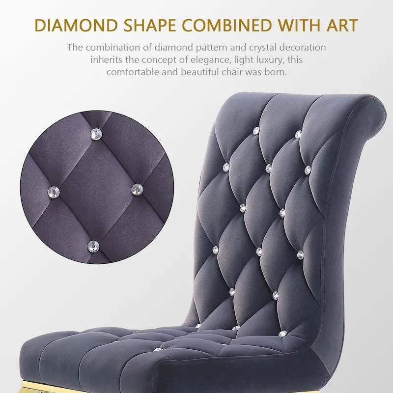 Velvet Upholstered Chairs with Crystal Decor Button Tufted back and Mirror metal Cabriole Legs