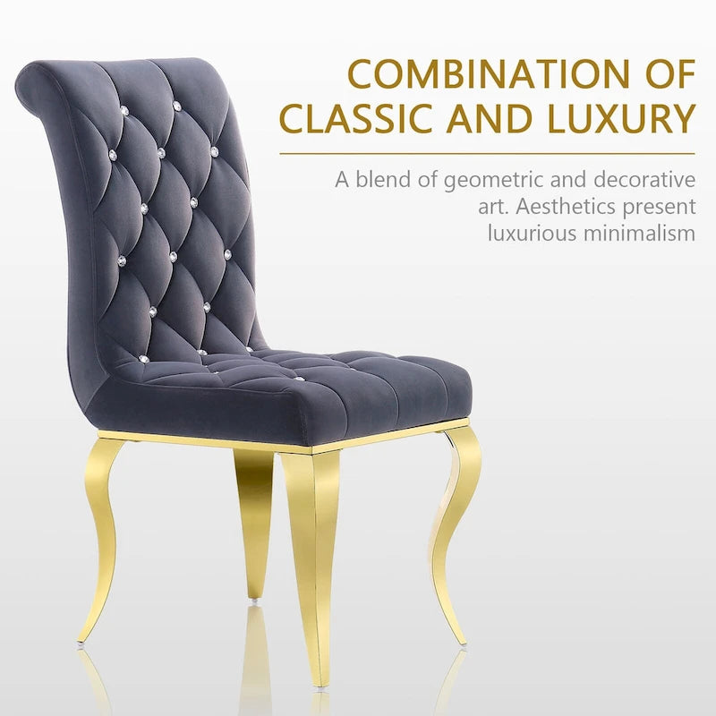 Velvet Upholstered Chairs with Crystal Decor Button Tufted back and Mirror metal Cabriole Legs