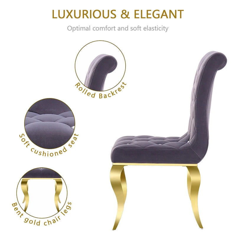 Velvet Upholstered Chairs with Crystal Decor Button Tufted back and Mirror metal Cabriole Legs