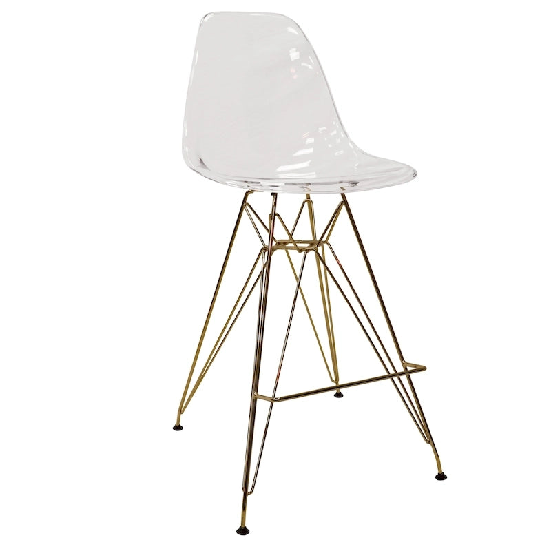 LeisureMod Cresco Acrylic Barstool with Gold Chrome Base and Footrest