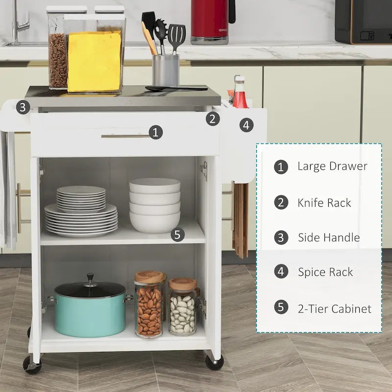HOMCOM Kitchen Island on Wheels, Rolling Kitchen Cart with Stainless Steel Countertop, Drawer, Gray