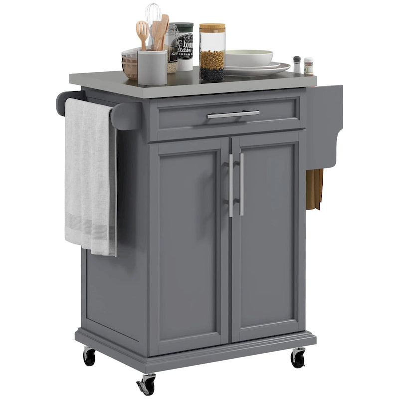 HOMCOM Kitchen Island on Wheels, Rolling Kitchen Cart with Stainless Steel Countertop, Drawer, Gray