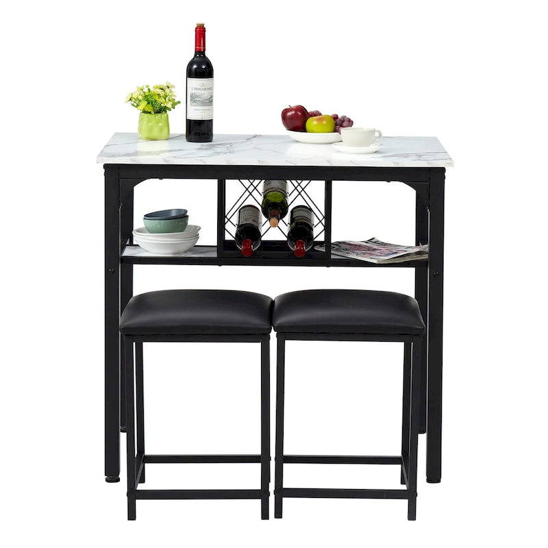 3 Piece Dining Room Table Set, Counter Height Dining Set Faux Marble Table w/ Wine Rack 2 Chairs Kitchen
