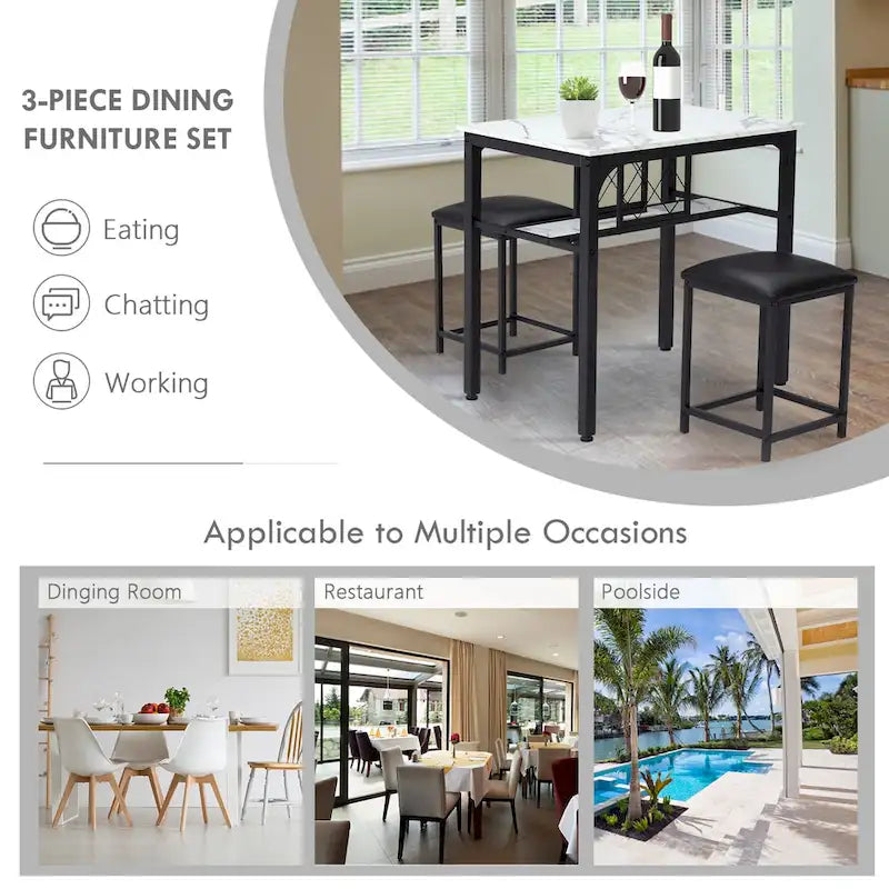 3 Piece Dining Room Table Set, Counter Height Dining Set Faux Marble Table w/ Wine Rack 2 Chairs Kitchen