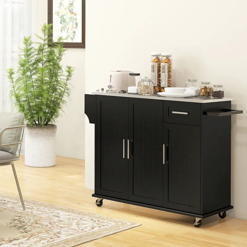 HOMCOM Kitchen Island with Storage, Rolling Kitchen Island on Wheels with Drawer, 3 Cabinets, Stainless Steel Countertop