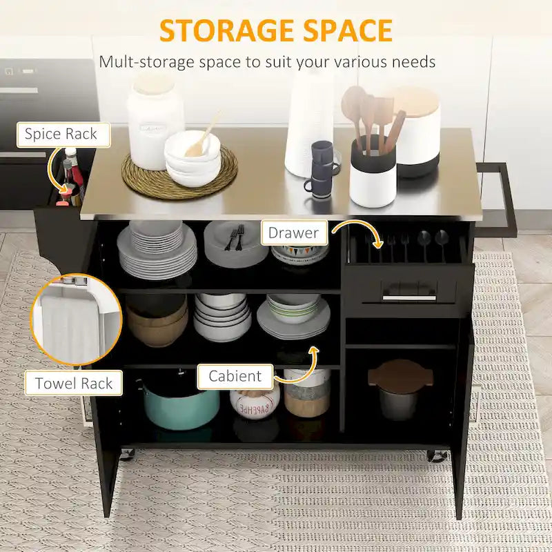 HOMCOM Kitchen Island with Storage, Rolling Kitchen Island on Wheels with Drawer, 3 Cabinets, Stainless Steel Countertop