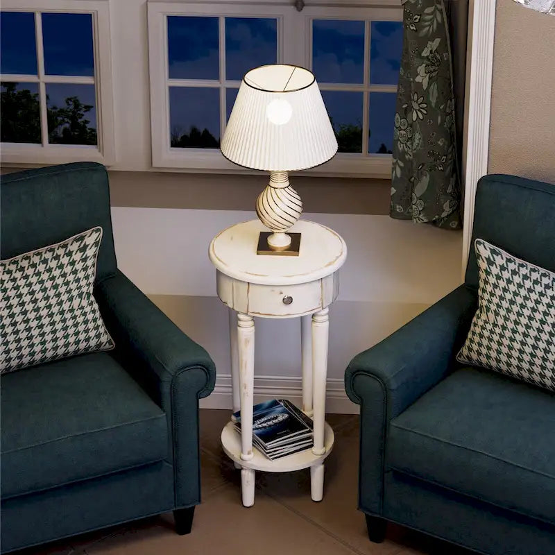 COSIEST White Distressed Round Tall Telephone Stand Table