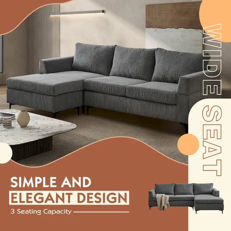 HOOOWOOO Living Room L-Shaped Polyester Fabric Reversible Chaise Sofa